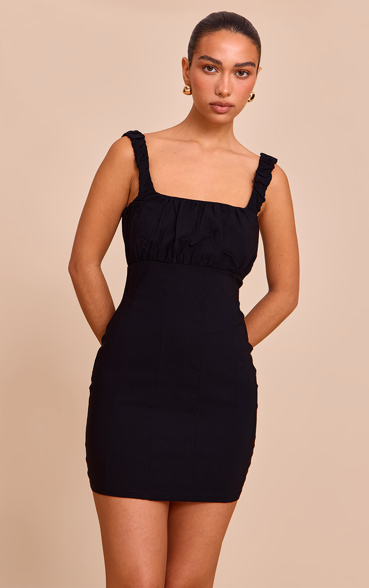 Black Stretch Woven Scoop Neck Ruched Bust Shift Dress