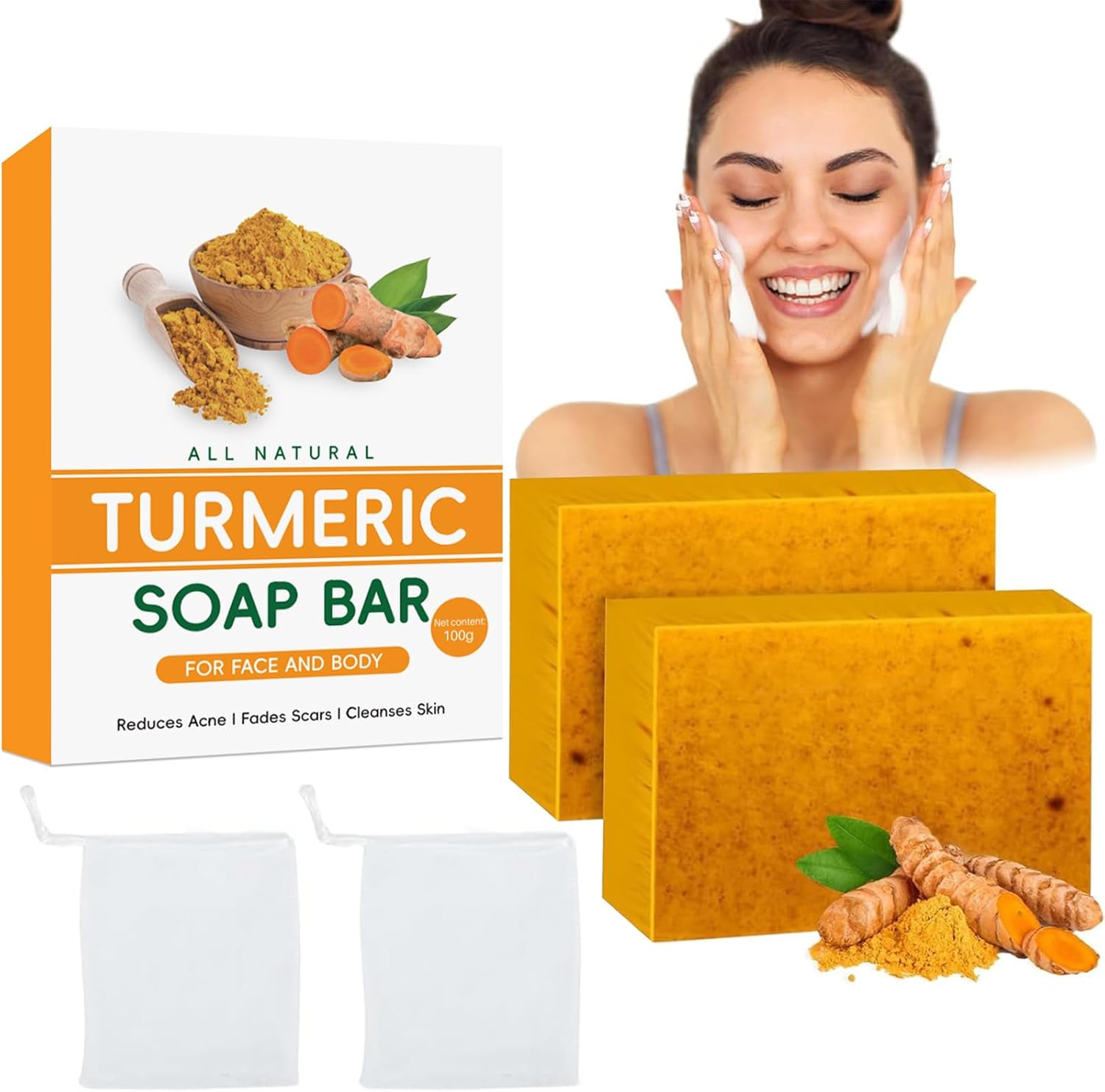 2PCS Turmeric Soap Bar – Natural Handmade Kojic Acid Soap with Vitamin C
